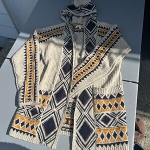 Lucky Brand Hooded Open-Front Cardigan Sweater - Beige, Navy & Mustard